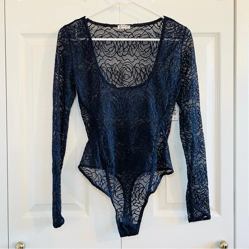FREE PEOPLE In My Head Sheer Lace Bodysuit In Navy - XS - NWT